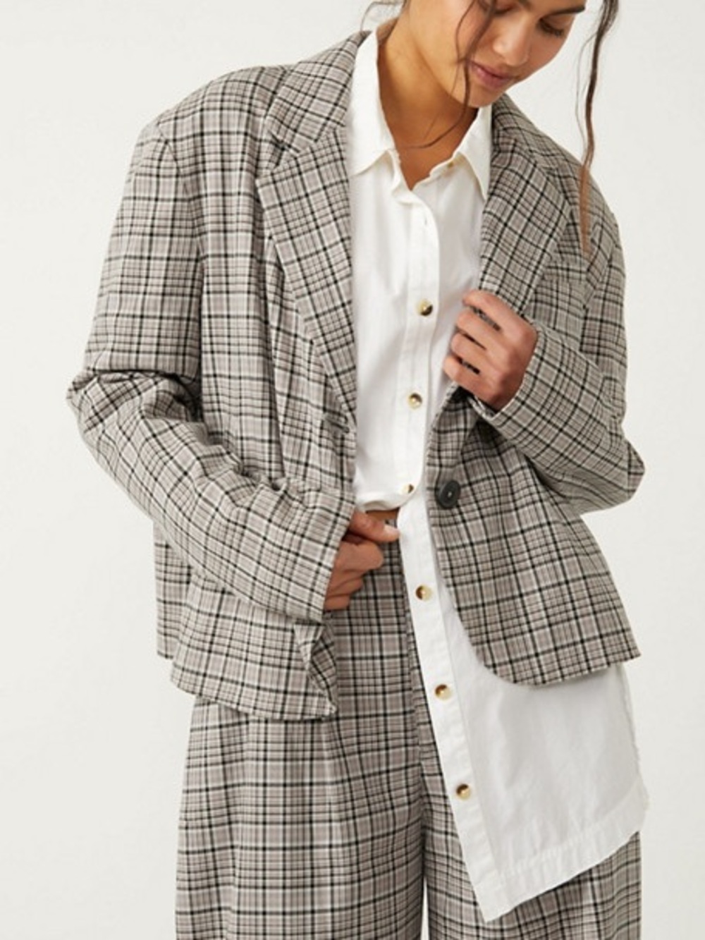 Free People We The‎ Free Cali Plaid Blazer Womens L Gray Tan Oversized